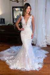 Jennifer | Elegant V Neck Lace Mermaid Wedding Dress with Long Train - White - PromDressClub